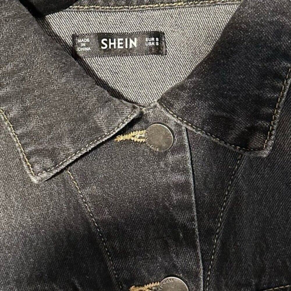 Shein Women Black Cropped Denim Jacket Distressed Frayed Hem Trucker S - Picture 9 of 10